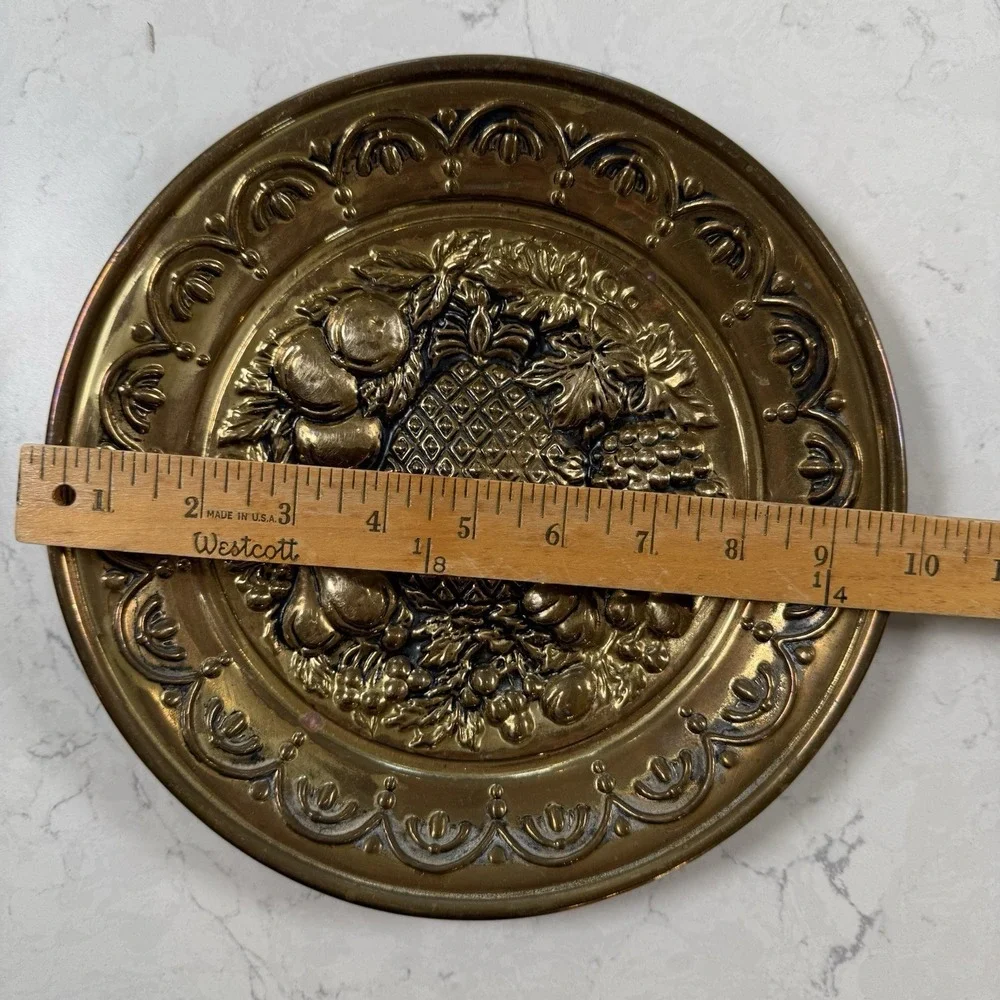 VTG Brass Tone Metal Fruit Relief Plate Wall Hanging Plaque 12
